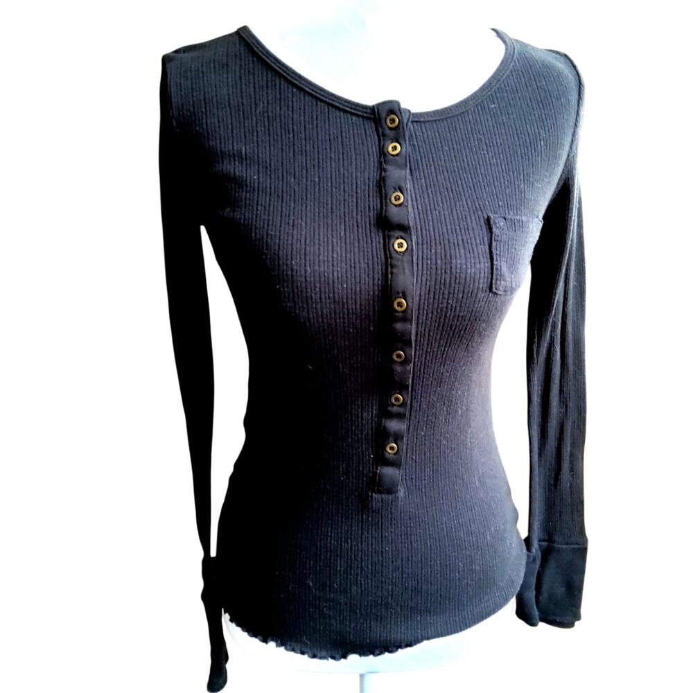 Y2K black ribbed ruffle Henley Bella Swan top buttons long sleeve sz 7-9 medium